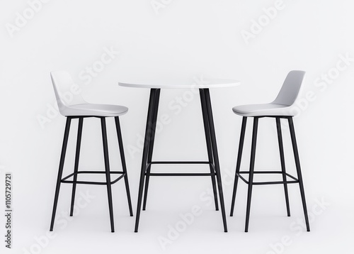 A high table with three chairs, constructed from white plastic tops and black legs, suitable for a café or exhibition display. A modern and realistic depiction of empty furniture for product