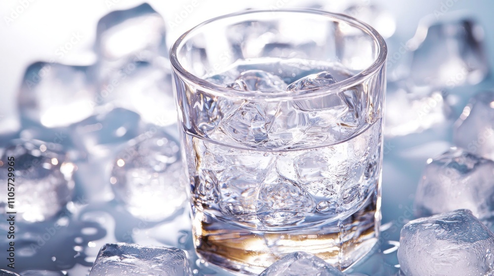 A glass of clear, cold water with condensation droplets, placed on a refreshing background of ice cubes. A glass of clear, cold water with condensation droplets, placed on a refreshing background of ice cubes.