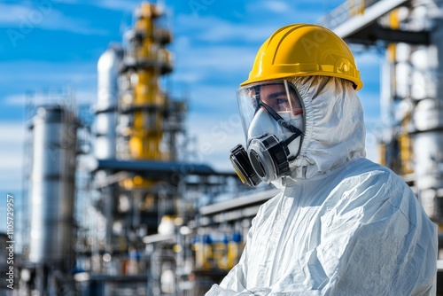 Chemical plant safety officer in full PPE suit and respirator monitoring control systems photo