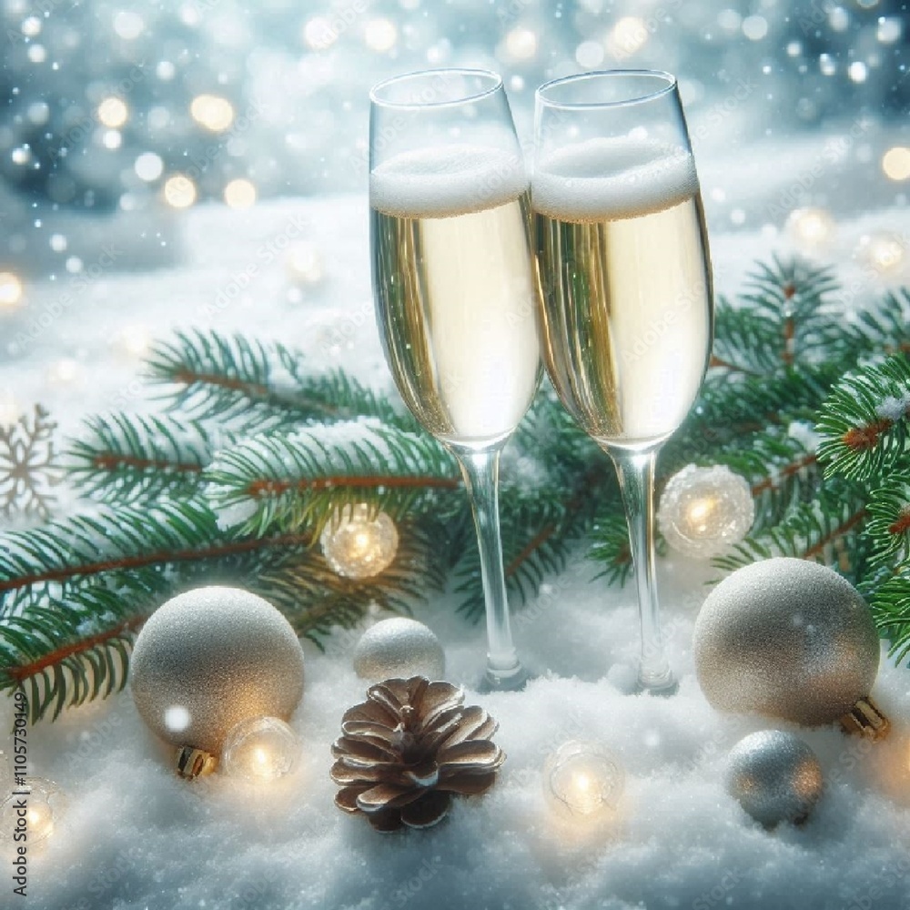 Two glasses of champagne on sparkling snow. AI generated.