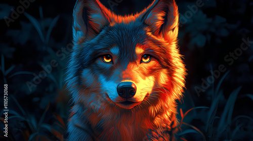 A striking portrait of a wolf illuminated by warm light against a dark background. photo