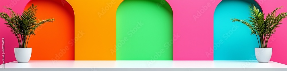 Arch windows with cylinder podiums. A realistic modern illustration of a round platform on a pastel background of pink, orange, yellow, and green with a vertical line pattern, presenting an empty Arch windows with cylinder podiums. A realistic modern illustration of a round platform on a pastel background of pink, orange, yellow, and green with a vertical line pattern, presenting an empty