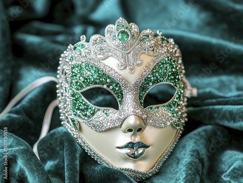 Mardi Gras masks and beads display, sophisticated masquerade flair, deep emerald and silver tones, aerial view emphasis, set against rich velvet drapery. photo