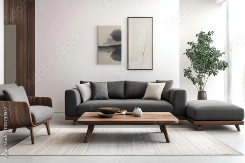 Modern Living Room with Gray Sofa and Wooden Accents