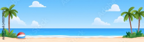 A summer scene of a tropical lagoon featuring calm ocean waters, a sandy beach with stones and palm trees laden with coconuts, rocky mountains, and a blue sky dotted with clouds. A modern,