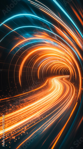 Motion evokes excitement as vibrant light trails spiral through a dynamic tunnel, creating a mesmerizing sense of speed and depth in a futuristic setting.
