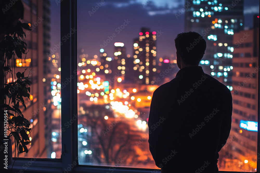 Nighttime reflection a man contemplates the cityscape from his apartment window Nighttime reflection a man contemplates the cityscape from his apartment window