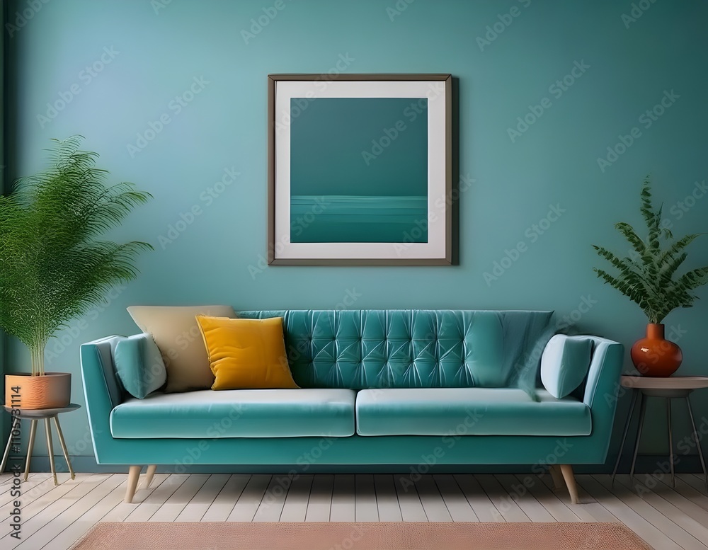 Interior with blue sofa and picture frame, 3d render. Interior with blue sofa and picture frame, 3d render.