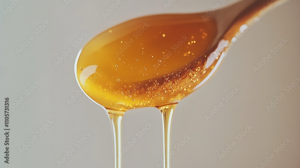 Golden Honey Dripping from a Wooden Spoon