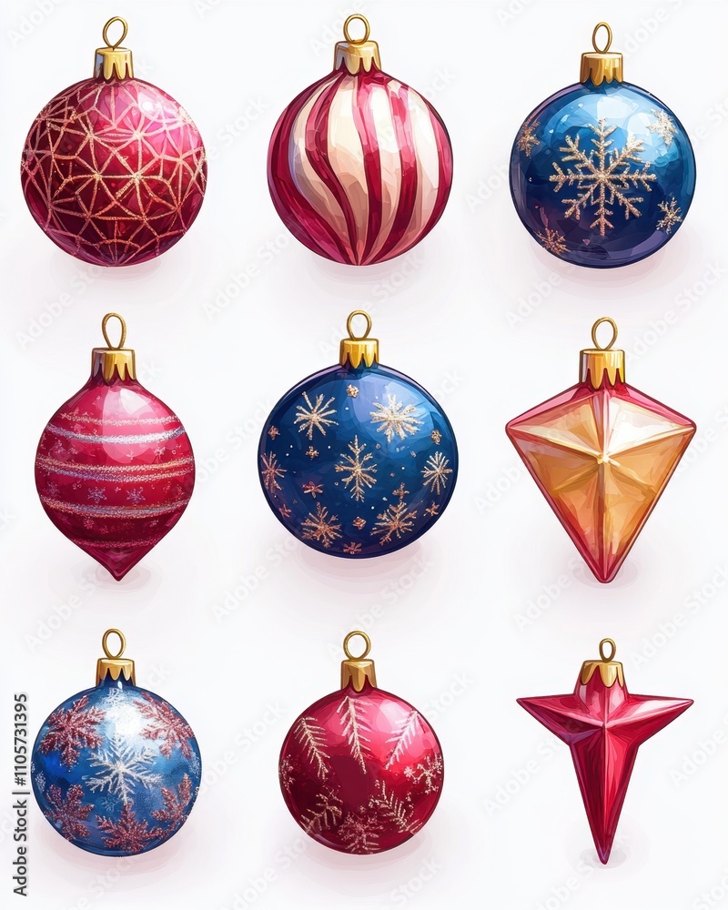 A set of various Christmas ornaments in full detail, isolated on a transparent background The collection includes a variety of baubles, stars, and candy canes, each with vivid colors and textures A set of various Christmas ornaments in full detail, isolated on a transparent background The collection includes a variety of baubles, stars, and candy canes, each with vivid colors and textures