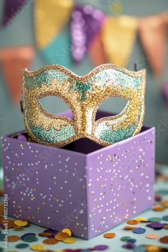 Vibrant Carnival Chic Mardi Gras masks beads sequins Podium, front view focus, with colorful confetti and festive banners Background for Mardi Gras masks beads sequins product displays. photo