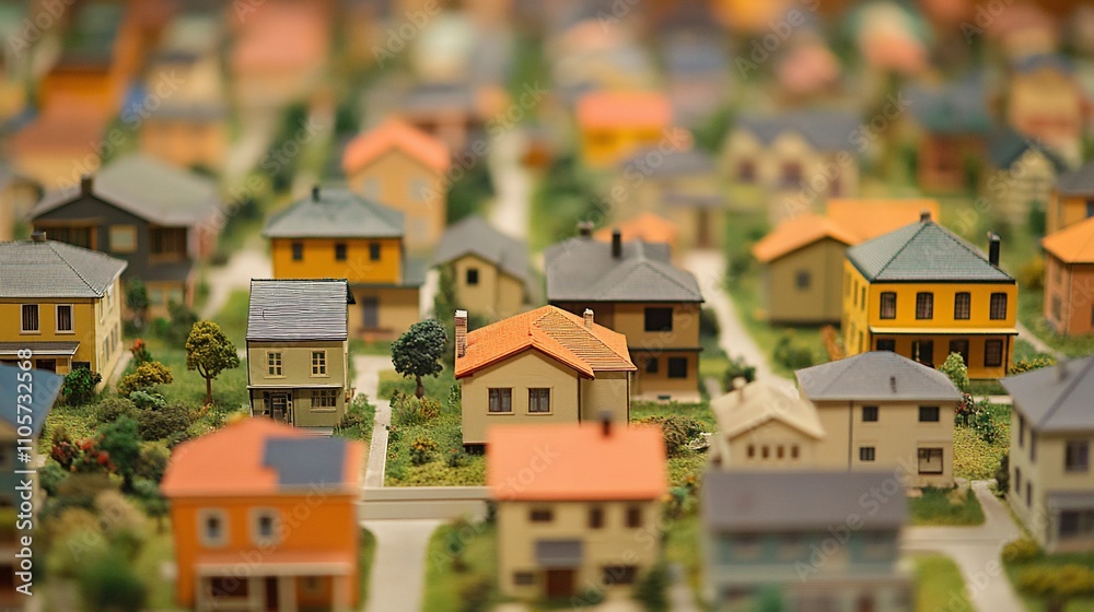 Obraz premium Miniature model of a residential neighborhood with colorful houses, streets, and landscaping.