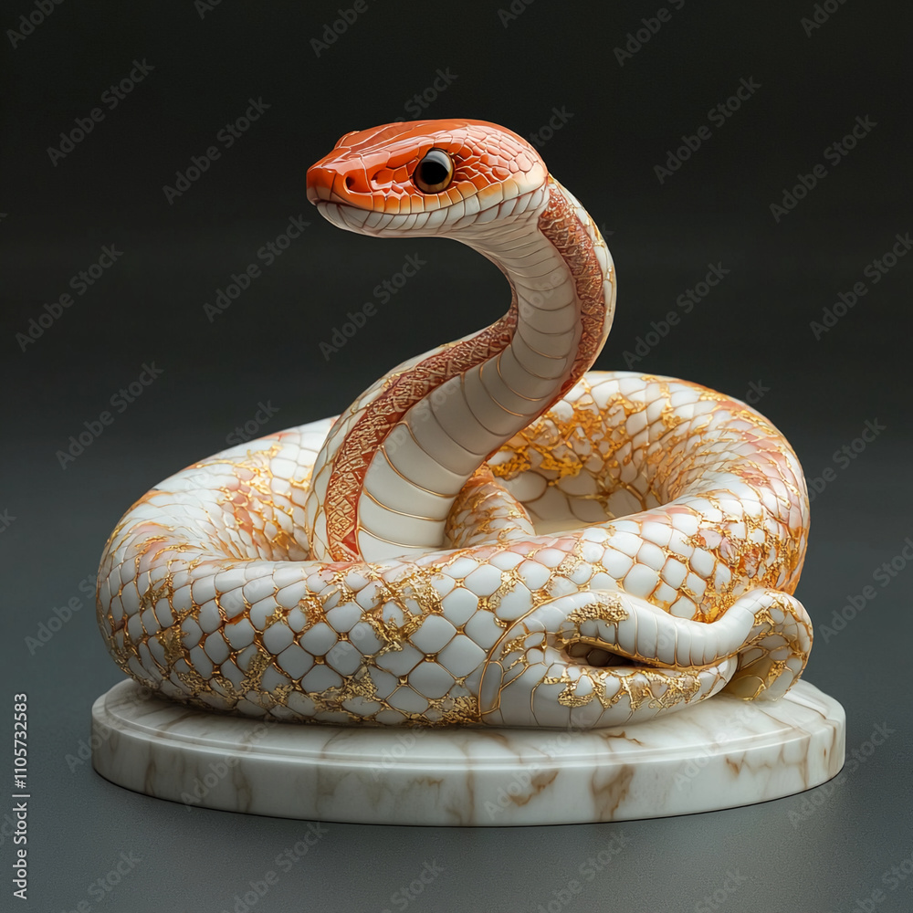 Fototapeta premium Intricate white and orange snake sculpture resting on a marble base in a darkened setting