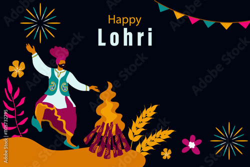  Lohri festival. Celebrating traditional Indian festival in Lohri. Flat vector illustration for flyer, greetings, poster, banner, message, postcard on dark background