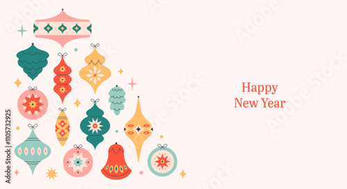 Happy New Year background with Christmas tree toys. Colorful bright Christmas balls. Winter holiday background for congratulations. Vector illustration in flat style