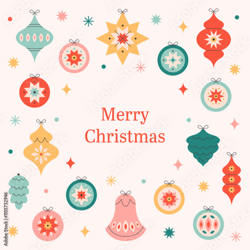 Merry Christmas greeting card with Christmas tree toys. Colorful bright Christmas balls. Winter holiday background for congratulations. Vector illustration in flat style