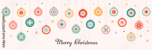 Merry Christmas greeting card with Christmas tree toys. Colorful bright Christmas balls. Winter holiday background for congratulations. Vector illustration in flat style