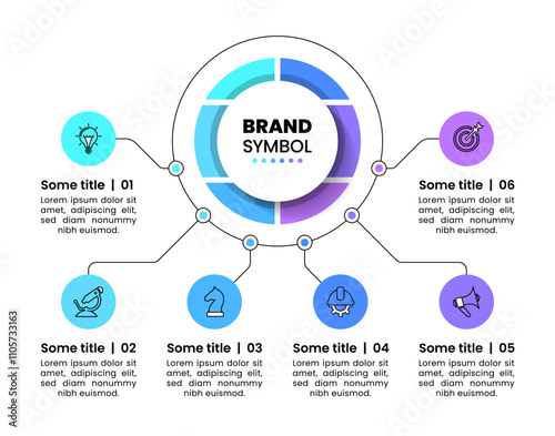 Infographic template. Circle with 6 connected icons