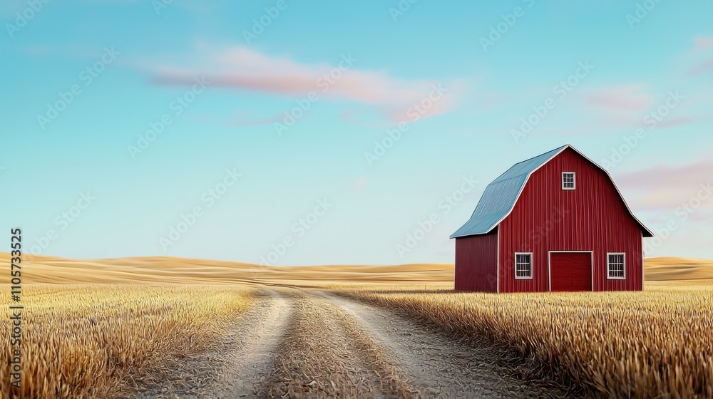 Charming Red Barn in Idyllic Golden Wheat Field Under Blue Sky Charming Red Barn in Idyllic Golden Wheat Field Under Blue Sky