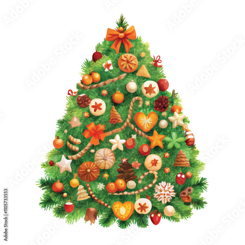 A Christmas tree with many ornaments on it. The tree is green and has a lot of decorations