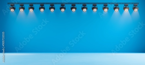 A dark catwalk stage with black walls, highlighted by blue spotlights, smoke, and glitter. A realistic 3D modern stage with light beams and sparkles, ideal for a night gala or presentation.