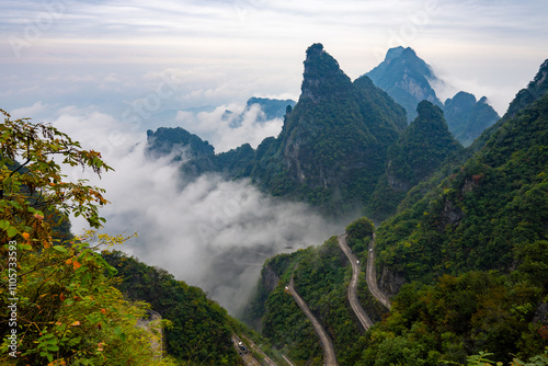 Beautiful nature landscape with mist at Tianmen Shan national park, The famous tourist destination at Zhangjiajie photo