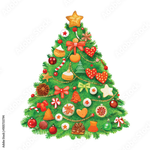 A Christmas tree with many ornaments on it. The tree is green and has a lot of decorations