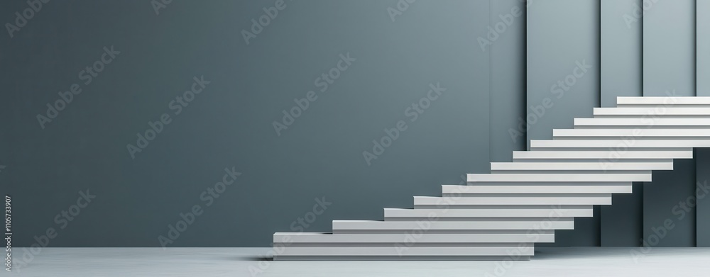 White floating staircase against a blue-gray wall, showcasing clean, modern architecture with minimalistic design elements and symmetry. White floating staircase against a blue-gray wall, showcasing clean, modern architecture with minimalistic design elements and symmetry.