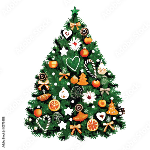 A Christmas tree with many ornaments on it. The tree is green and has a lot of decorations
