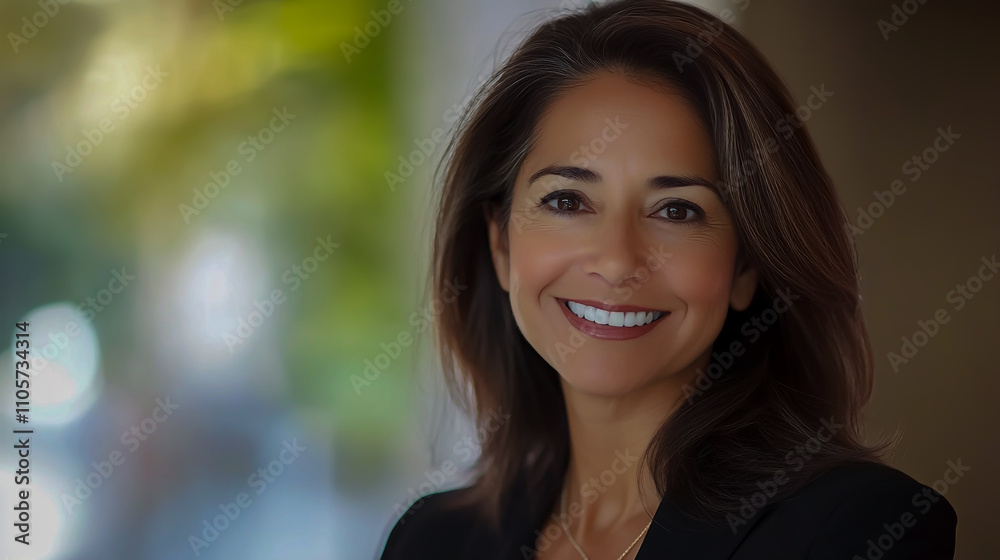 Confident Hispanic businesswoman smiling, with a soft blurred background, exuding professionalism Confident Hispanic businesswoman smiling, with a soft blurred background, exuding professionalism