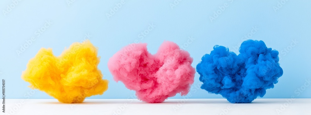 A set of abstract dream-like, magical pink, blue, and yellow 3D heart-shaped clouds, designed for love, romance, weddings, and Valentine's Day, with a realistic modern touch. A set of abstract dream-like, magical pink, blue, and yellow 3D heart-shaped clouds, designed for love, romance, weddings, and Valentine's Day, with a realistic modern touch.