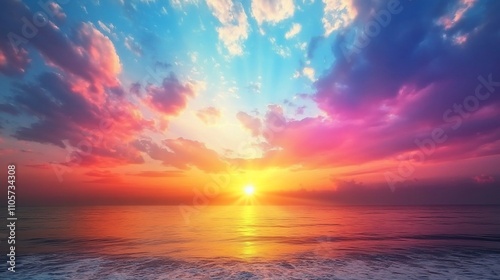 Vibrant sunset over tranquil ocean with colorful clouds.