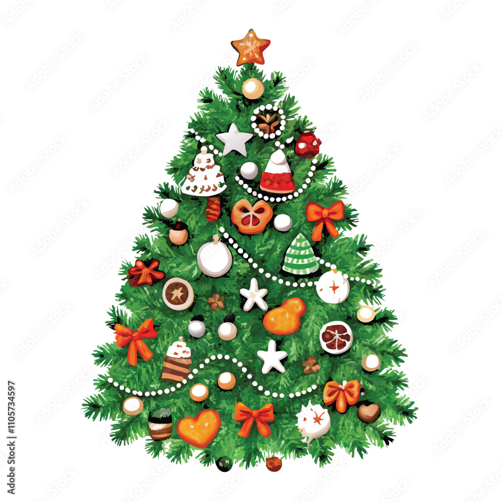 A Christmas tree with many ornaments on it. The tree is green and has a lot of decorations