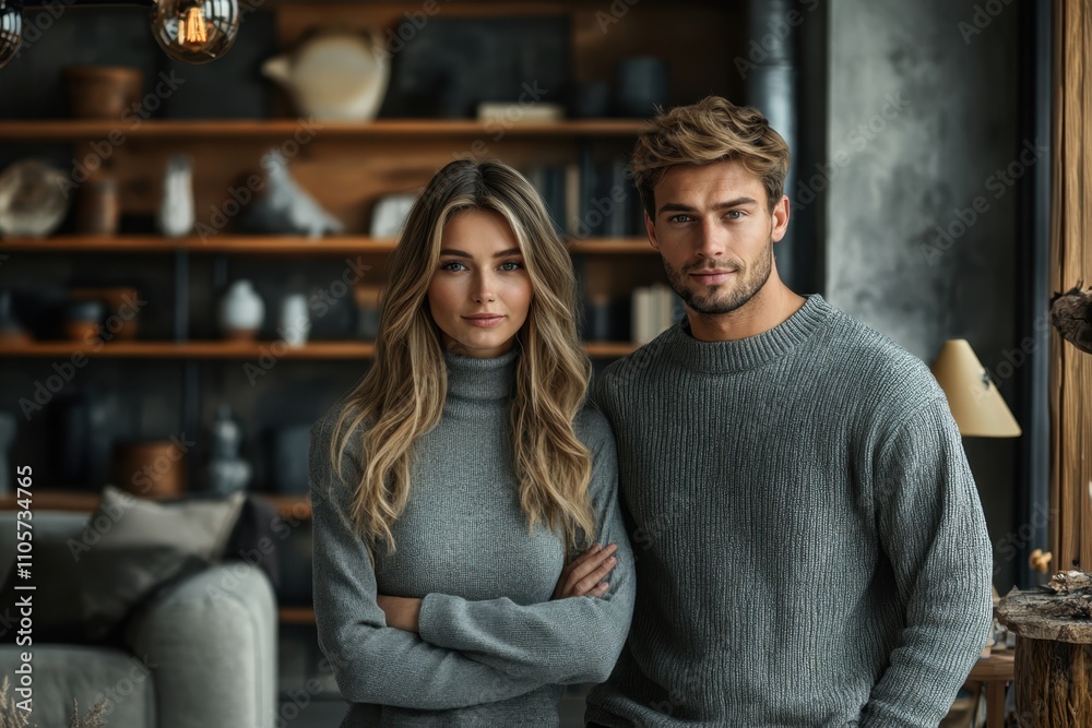 Young couple poses happily in cozy modern home with warm decor and stylish outfits Young couple poses happily in cozy modern home with warm decor and stylish outfits