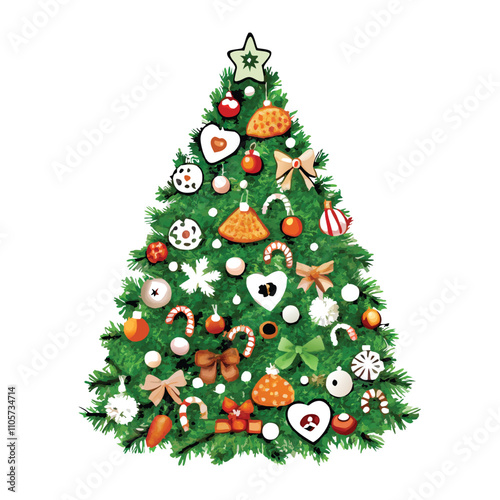 A Christmas tree with many ornaments on it. The tree is green and has a lot of decorations