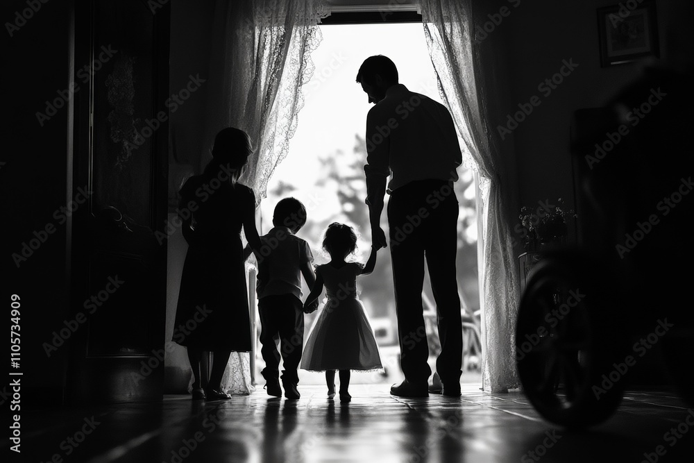 Fototapeta premium A family of four stands silhouetted in a doorway, with sunlight streaming outside, creating a peaceful and touching family moment captured in black and white.