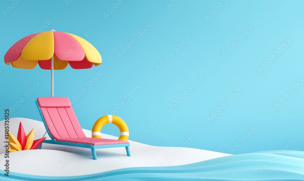 A beach scene for summer, showcasing a beige display platform, a striped wooden lounger, a red umbrella, a decorative monstera leaf, an inflatable ring, and a wavy turquoise wall background. Product A beach scene for summer, showcasing a beige display platform, a striped wooden lounger, a red umbrella, a decorative monstera leaf, an inflatable ring, and a wavy turquoise wall background. Product