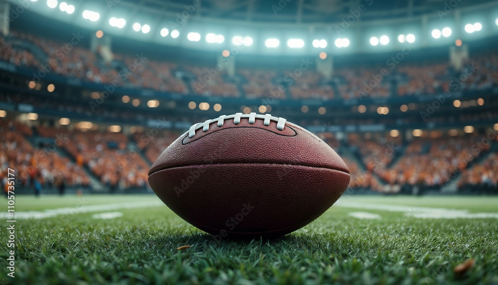 American Football Placed in Center of Field with Stadium Filled with Cheering Fans and Lights On American Football Placed in Center of Field with Stadium Filled with Cheering Fans and Lights On