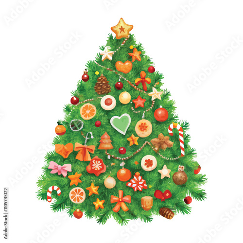 A Christmas tree with many ornaments on it. The tree is green and has a lot of decorations