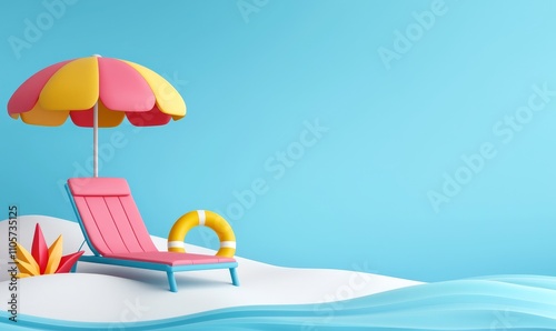 A beach scene for summer, showcasing a beige display platform, a striped wooden lounger, a red umbrella, a decorative monstera leaf, an inflatable ring, and a wavy turquoise wall background. Product
