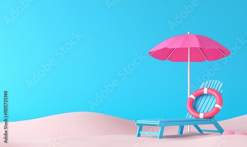 A summer beach scene featuring a beige display platform, a striped wooden lounger, a red umbrella, a decorative monstera leaf, an inflatable ring, and a wavy turquoise wall background. Product