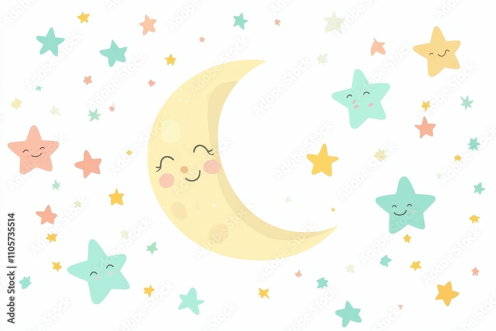Fototapeta premium Smiling moon, pastel stars, whimsical night scene.