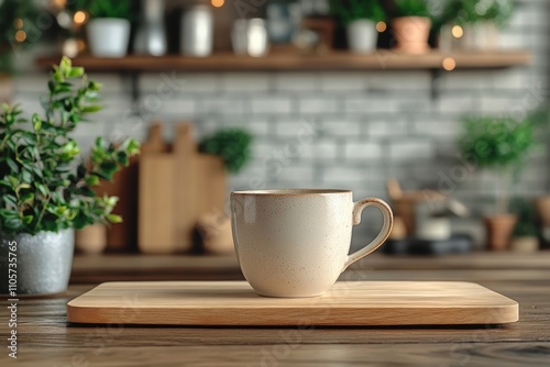 festive kitchen decor, modern kitchen with festive decor, empty space next to a stylish teacup on a wooden board, capturing a cozy vibe