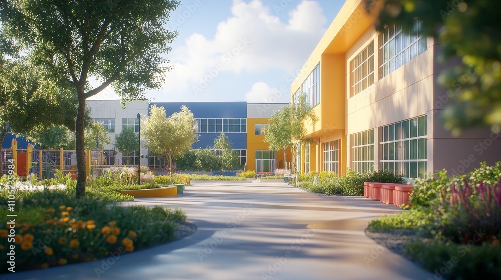 A vibrant school courtyard featuring colorful buildings and lush landscaping. A vibrant school courtyard featuring colorful buildings and lush landscaping.