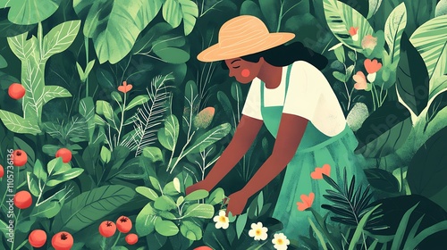 An eco-conscious gardener tending to blossoming plants in a lush garden designed with sustainability in mind. 
