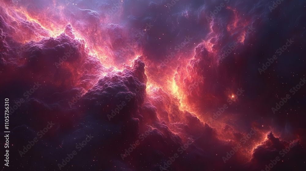 Naklejka premium Abstract nebula clouds with glowing magenta edges, swirling particle streams, and soft depth textures