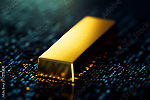 Gold bar on binary code background, cryptocurrency concept