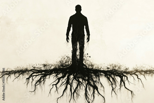 Man with tree root legs, concept
