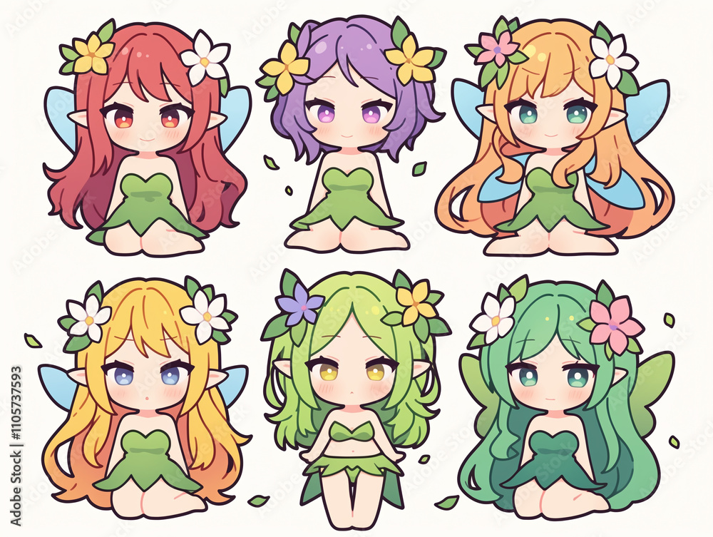 Collection of Cute Cartoon Fairies with Flowers Collection of Cute Cartoon Fairies with Flowers