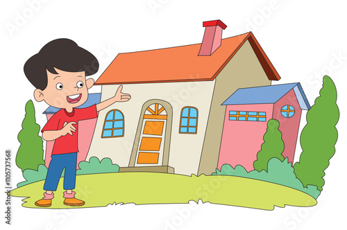 A cute boy pointing house